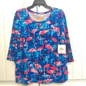 Sun Bay Coastal Grandma Barbie pink flamingo print 3/4 sleeve crew neck top, S